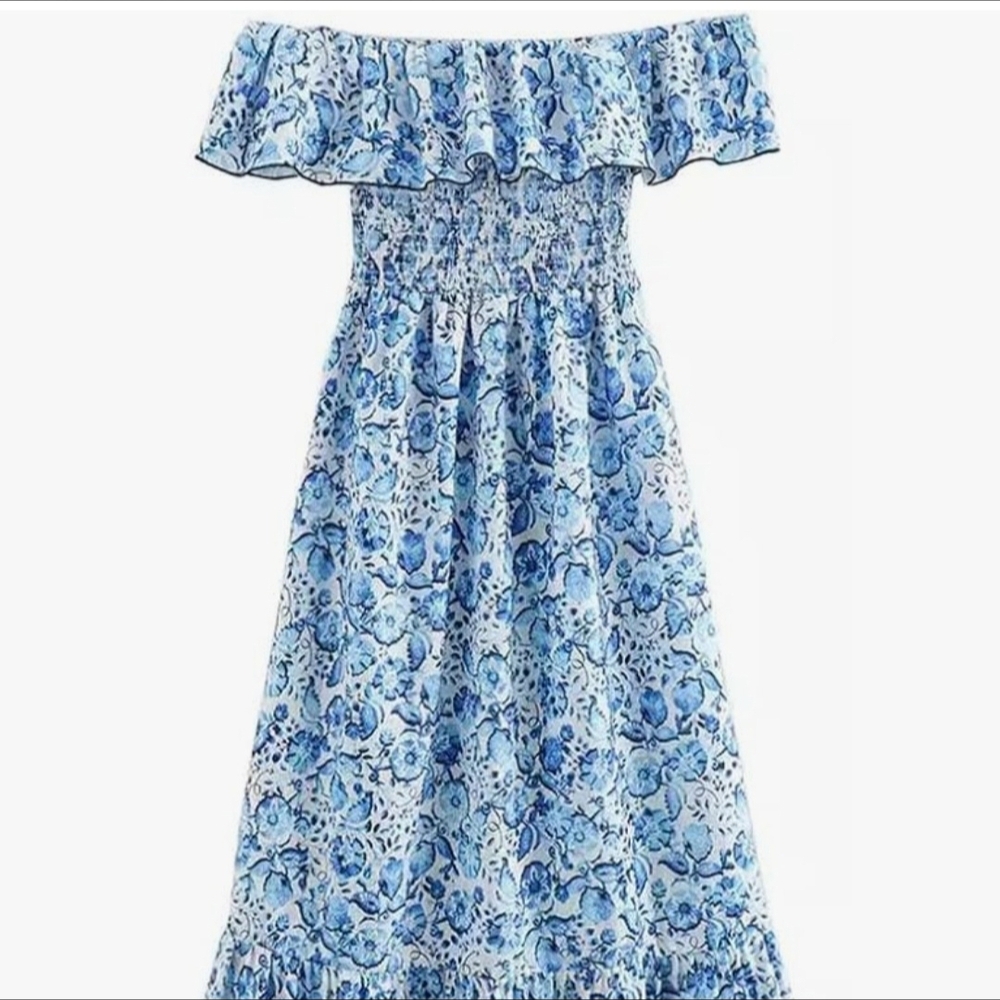 Zara Blue And White Floral Ruffle Off-Shoulder Maxi Dress
